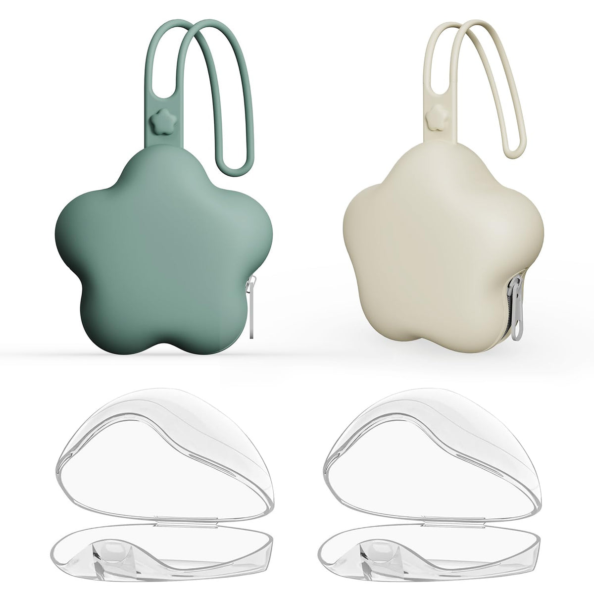 4 Pack Pacifier Holder Case,2pcs Silicone Portable Pacifier Pouch and 2pcs Transparent Nipple Holder Case Container, On-the-GO Pacifier Storage Container Box,BPA Free, Easy to Clean（Green&Khaki）