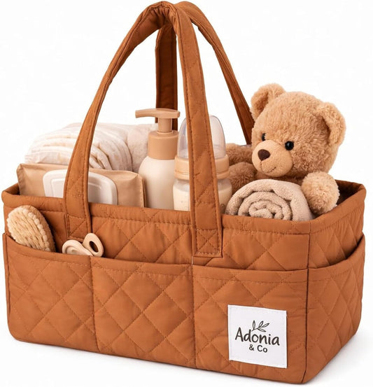 Diaper Caddy Organizer – Baby Essentials Organizer, Large Nursery Storage Basket with Removable Divider, 8 Exterior Pockets, Portable, Machine Washable, Structured Design, Brown