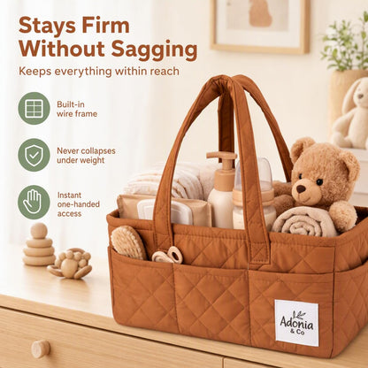 Diaper Caddy Organizer – Baby Essentials Organizer, Large Nursery Storage Basket with Removable Divider, 8 Exterior Pockets, Portable, Machine Washable, Structured Design, Brown
