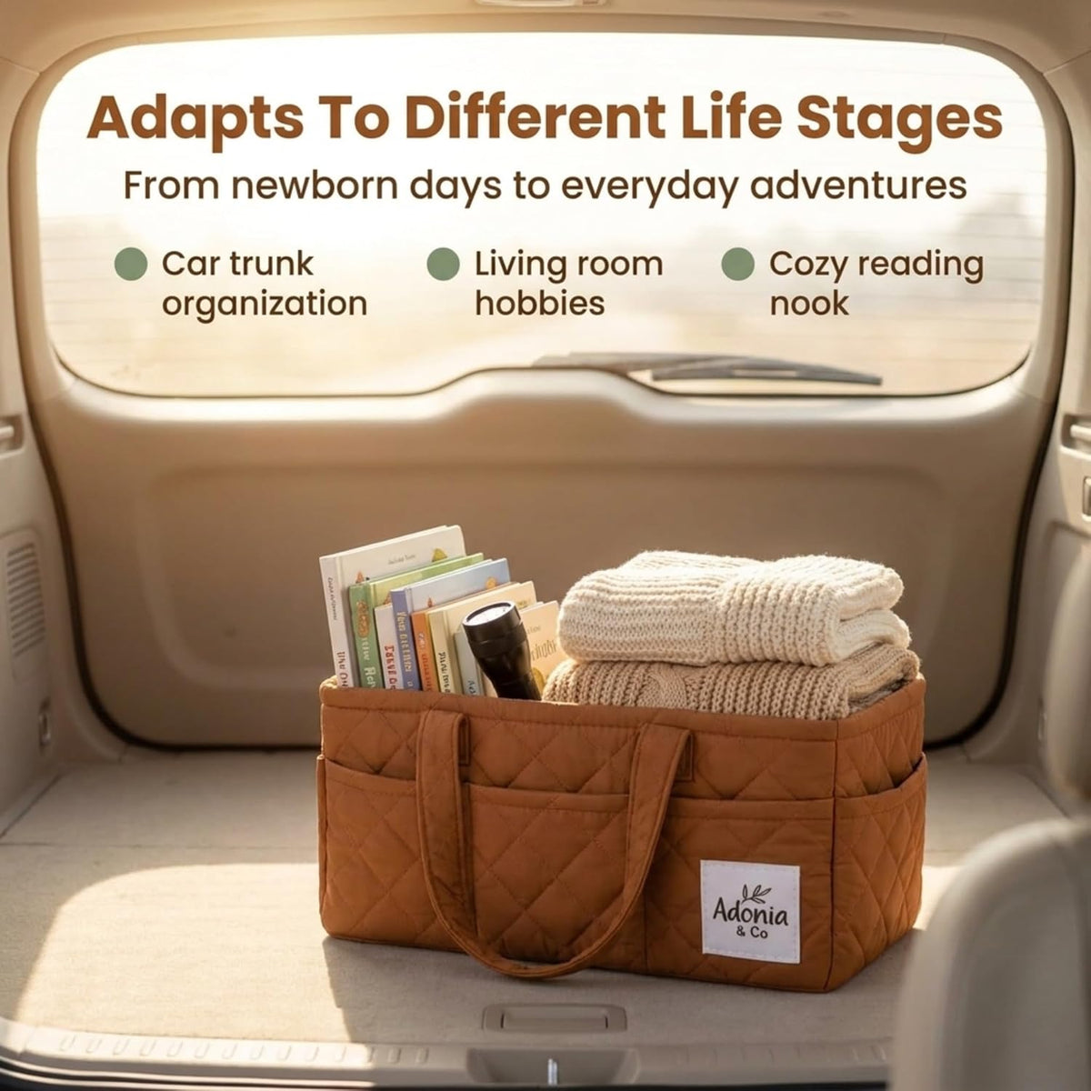Diaper Caddy Organizer – Baby Essentials Organizer, Large Nursery Storage Basket with Removable Divider, 8 Exterior Pockets, Portable, Machine Washable, Structured Design, Brown