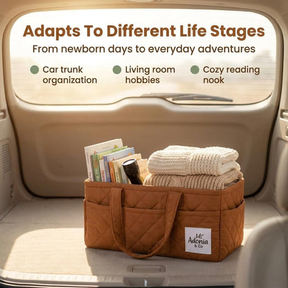 Diaper Caddy Organizer – Baby Essentials Organizer, Large Nursery Storage Basket with Removable Divider, 8 Exterior Pockets, Portable, Machine Washable, Structured Design, Brown