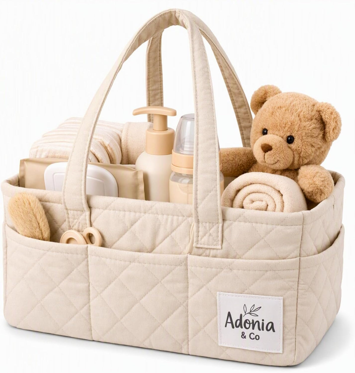 Diaper Caddy Organizer – Baby Essentials Organizer, Large Nursery Storage Basket with Removable Divider, 8 Exterior Pockets, Portable, Machine Washable, Structured Design, Brown