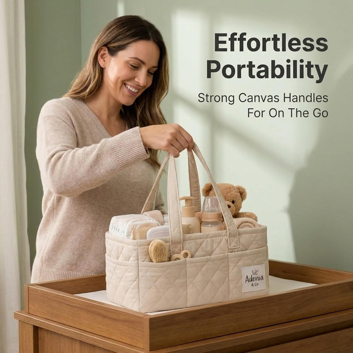 Diaper Caddy Organizer – Baby Essentials Organizer, Large Nursery Storage Basket with Removable Divider, 8 Exterior Pockets, Portable, Machine Washable, Structured Design, Brown