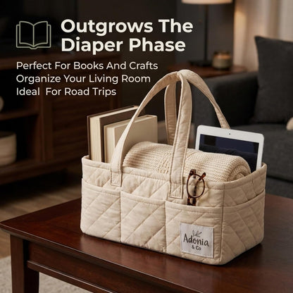 Diaper Caddy Organizer – Baby Essentials Organizer, Large Nursery Storage Basket with Removable Divider, 8 Exterior Pockets, Portable, Machine Washable, Structured Design, Brown