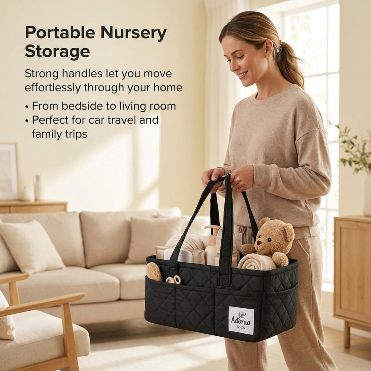 Diaper Caddy Organizer – Baby Essentials Organizer, Large Nursery Storage Basket with Removable Divider, 8 Exterior Pockets, Portable, Machine Washable, Structured Design, Brown