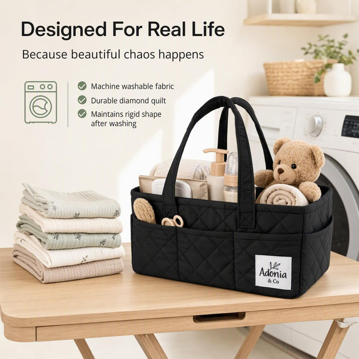 Diaper Caddy Organizer – Baby Essentials Organizer, Large Nursery Storage Basket with Removable Divider, 8 Exterior Pockets, Portable, Machine Washable, Structured Design, Brown