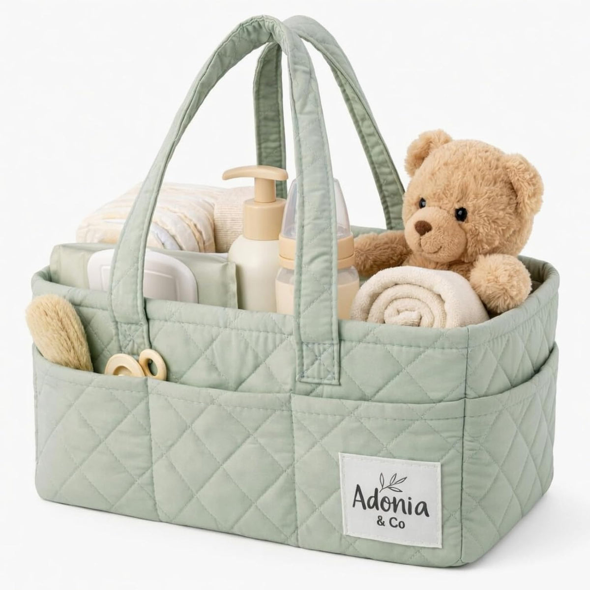 Diaper Caddy Organizer – Baby Essentials Organizer, Large Nursery Storage Basket with Removable Divider, 8 Exterior Pockets, Portable, Machine Washable, Structured Design, Brown