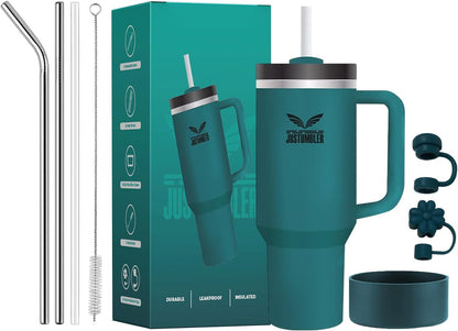 40 Oz Insulated Tumbler with Handle and Straw, Stainless Steel Coffee Travel Mug with Lid, Leak Proof Water Bottle with Accessories, Matcha Cream