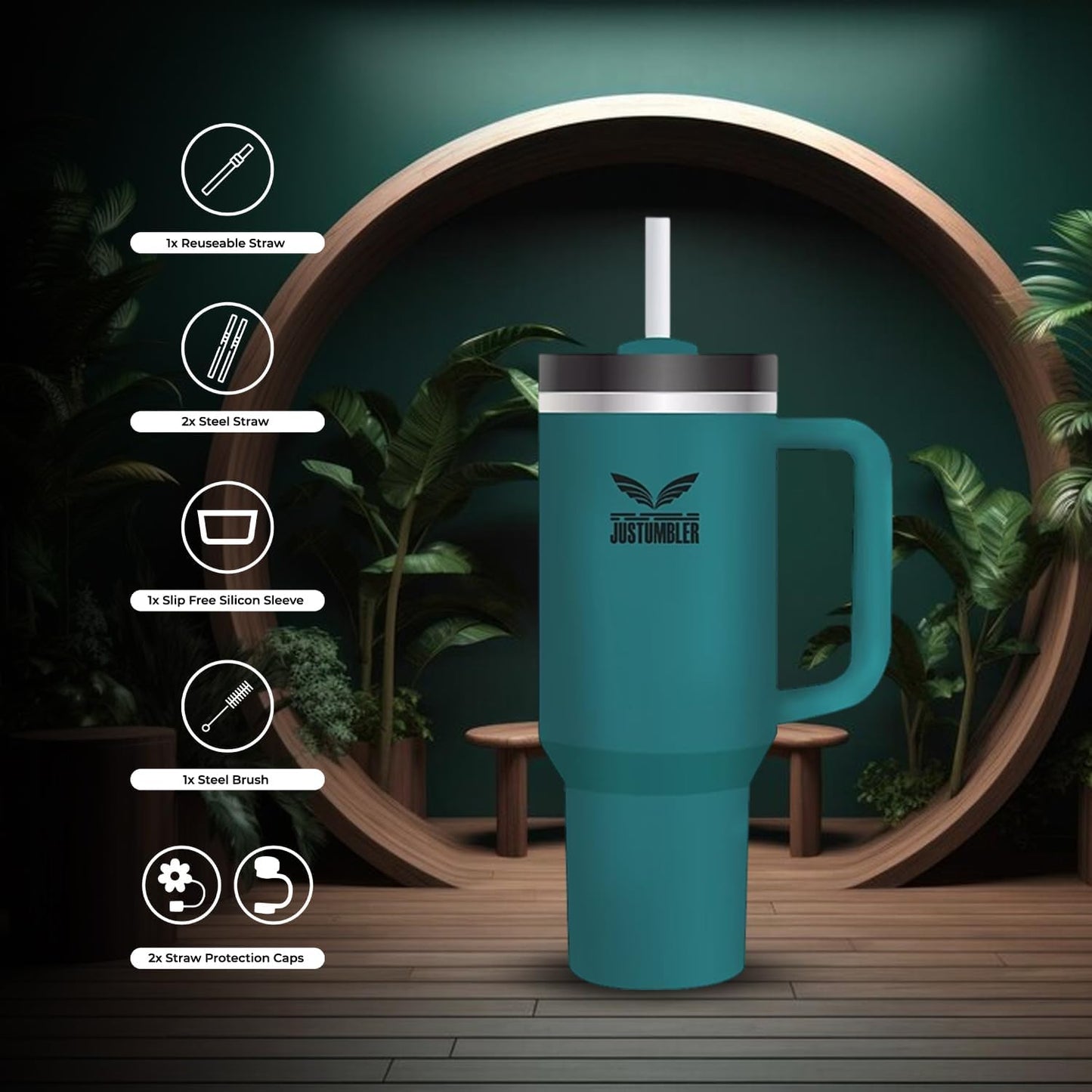 40 Oz Insulated Tumbler with Handle and Straw, Stainless Steel Coffee Travel Mug with Lid, Leak Proof Water Bottle with Accessories, Matcha Cream
