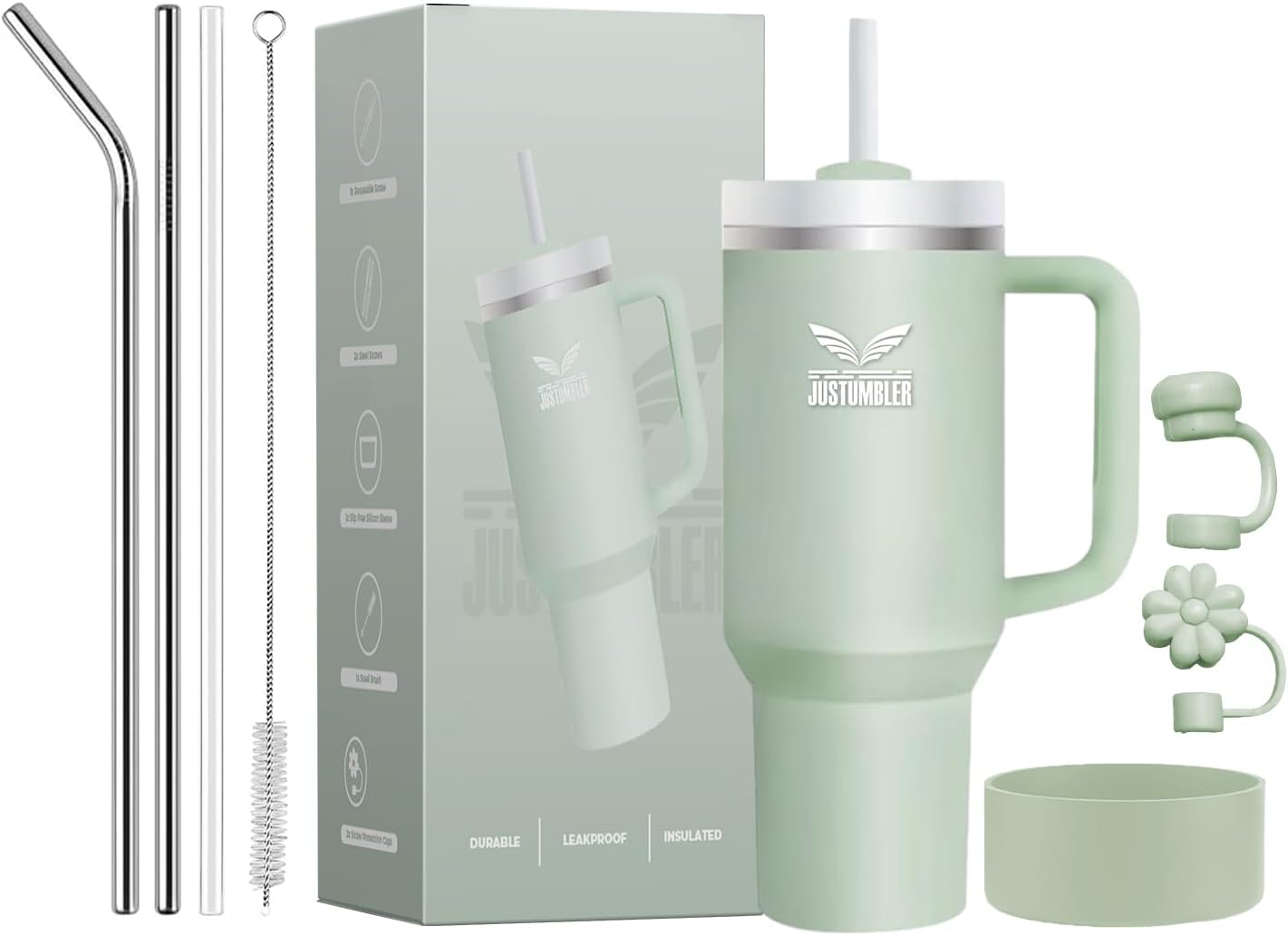 40 Oz Insulated Tumbler with Handle and Straw, Stainless Steel Coffee Travel Mug with Lid, Leak Proof Water Bottle with Accessories, Matcha Cream