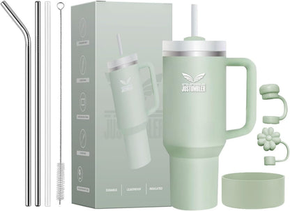 40 Oz Insulated Tumbler with Handle and Straw, Stainless Steel Coffee Travel Mug with Lid, Leak Proof Water Bottle with Accessories, Matcha Cream