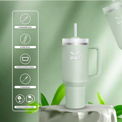 40 Oz Insulated Tumbler with Handle and Straw, Stainless Steel Coffee Travel Mug with Lid, Leak Proof Water Bottle with Accessories, Matcha Cream