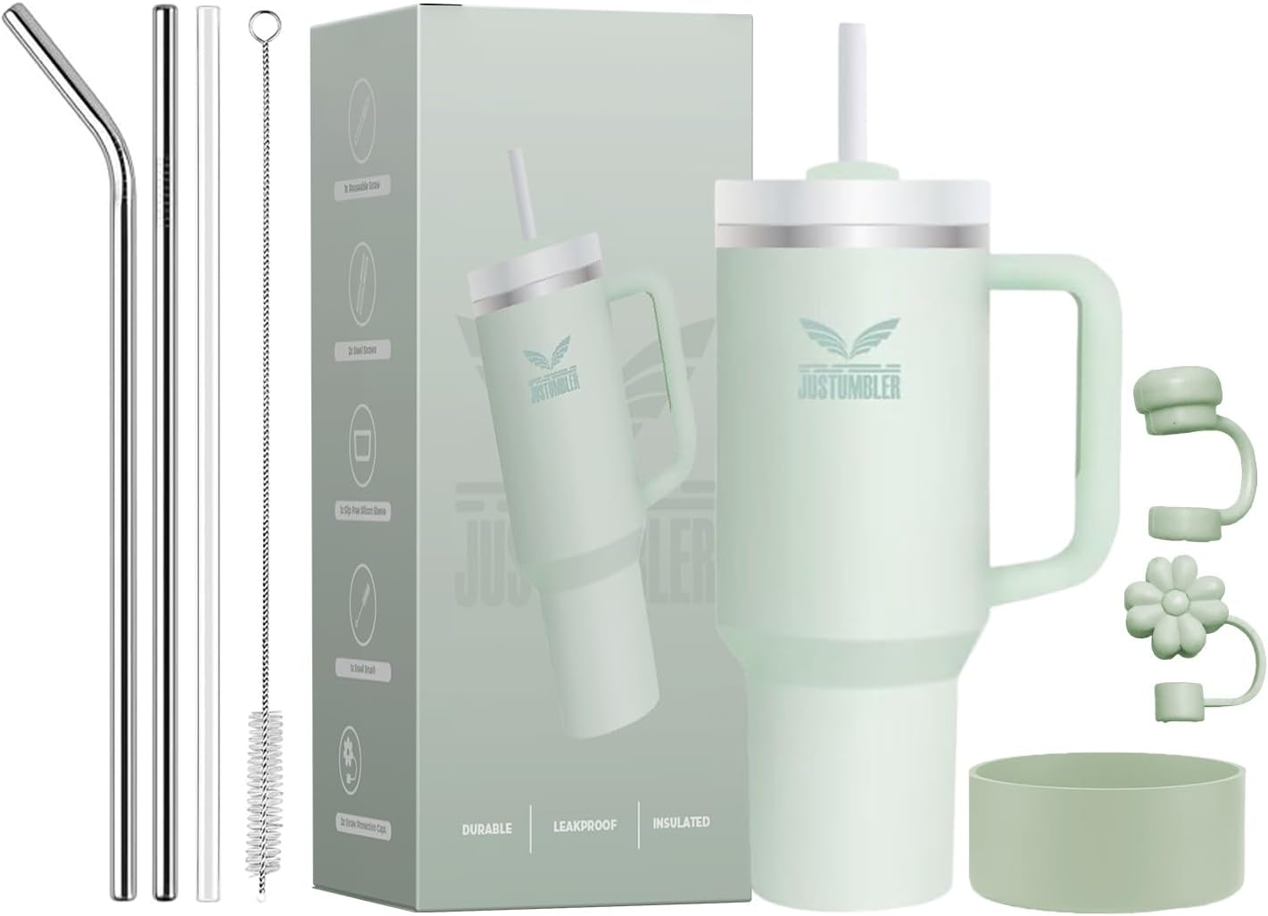 40 Oz Insulated Tumbler with Handle and Straw, Stainless Steel Coffee Travel Mug with Lid, Leak Proof Water Bottle with Accessories, Matcha Cream