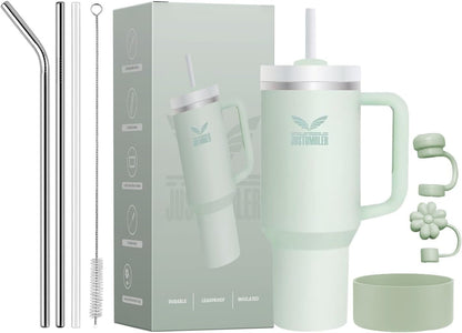 40 Oz Insulated Tumbler with Handle and Straw, Stainless Steel Coffee Travel Mug with Lid, Leak Proof Water Bottle with Accessories, Matcha Cream