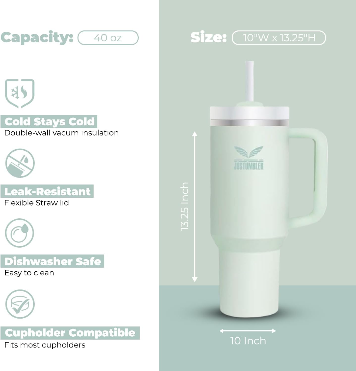 40 Oz Insulated Tumbler with Handle and Straw, Stainless Steel Coffee Travel Mug with Lid, Leak Proof Water Bottle with Accessories, Matcha Cream