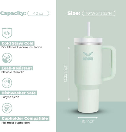 40 Oz Insulated Tumbler with Handle and Straw, Stainless Steel Coffee Travel Mug with Lid, Leak Proof Water Bottle with Accessories, Matcha Cream