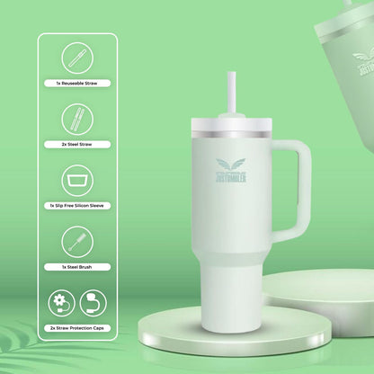 40 Oz Insulated Tumbler with Handle and Straw, Stainless Steel Coffee Travel Mug with Lid, Leak Proof Water Bottle with Accessories, Matcha Cream