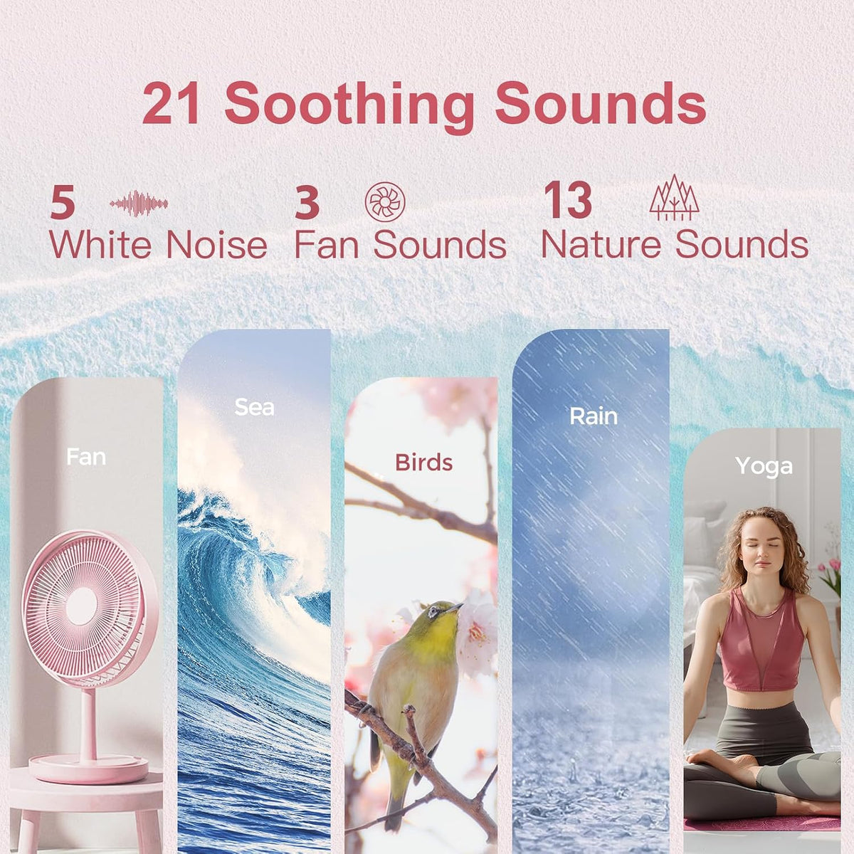White Noise Sound Machine Alarm Clock with Bluetooth Speaker, Hi-Fi Stereo Sound, 21 Soothing Sounds/7 Night Lights, 0-100% Dimmer/Sleep Timer, Soother for Teens Kids Girls, Bedroom, Pink