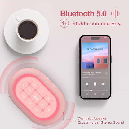 White Noise Sound Machine Alarm Clock with Bluetooth Speaker, Hi-Fi Stereo Sound, 21 Soothing Sounds/7 Night Lights, 0-100% Dimmer/Sleep Timer, Soother for Teens Kids Girls, Bedroom, Pink