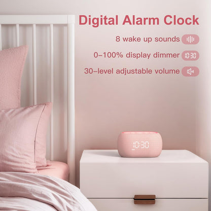 White Noise Sound Machine Alarm Clock with Bluetooth Speaker, Hi-Fi Stereo Sound, 21 Soothing Sounds/7 Night Lights, 0-100% Dimmer/Sleep Timer, Soother for Teens Kids Girls, Bedroom, Pink