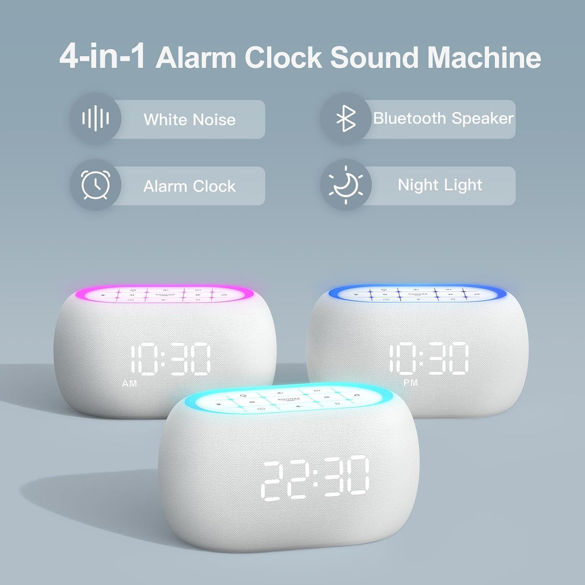 White Noise Sound Machine Alarm Clock with Bluetooth Speaker, Hi-Fi Stereo Sound, 21 Soothing Sounds/7 Night Lights, 0-100% Dimmer/Sleep Timer, Soother for Teens Kids Girls, Bedroom, Pink