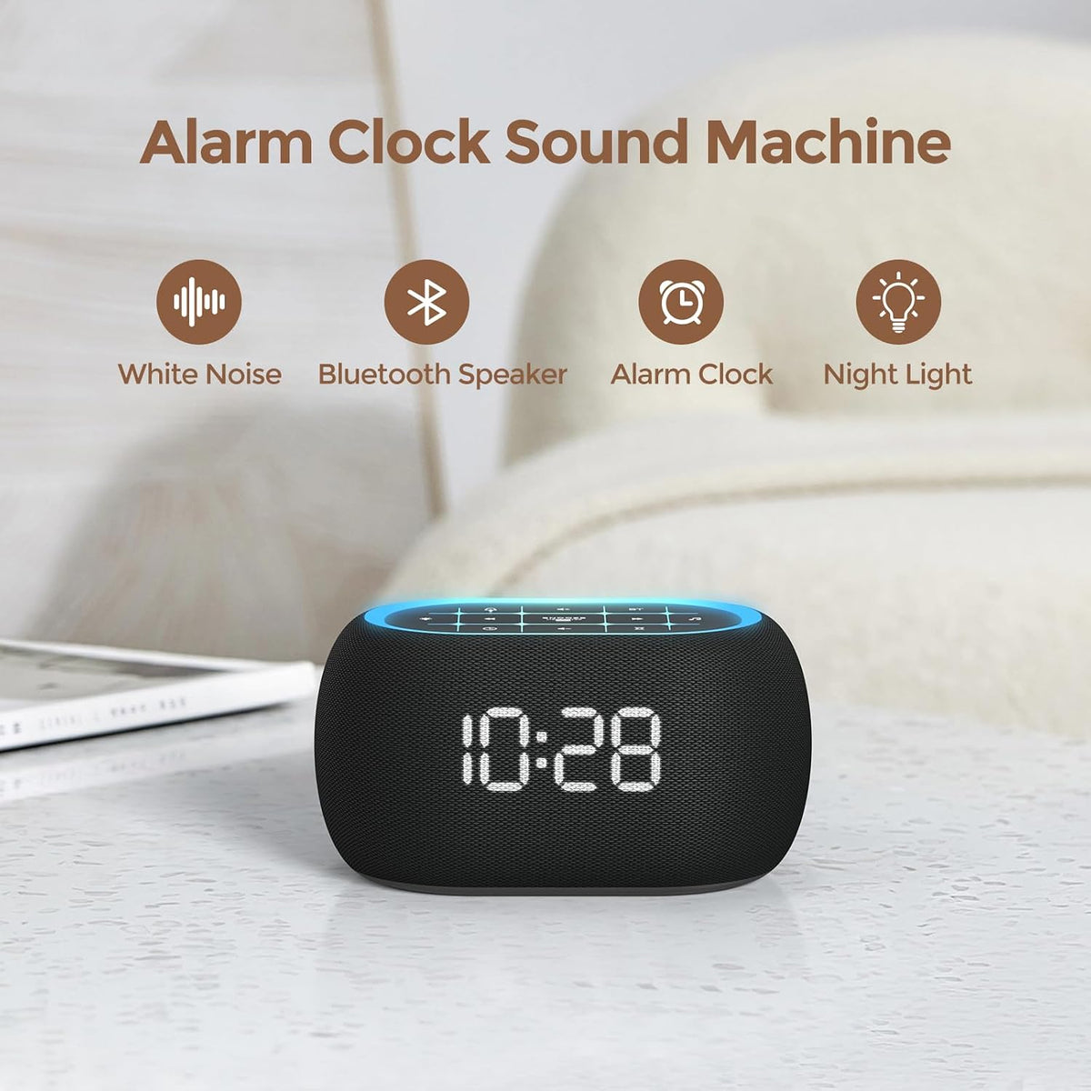 White Noise Sound Machine Alarm Clock with Bluetooth Speaker, Hi-Fi Stereo Sound, 21 Soothing Sounds/7 Night Lights, 0-100% Dimmer/Sleep Timer, Soother for Teens Kids Girls, Bedroom, Pink