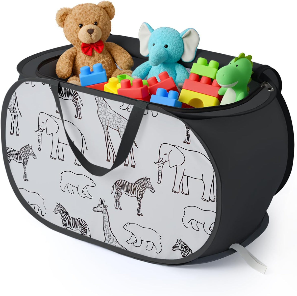 Foldable Toy Storage Basket with Zipper Lid & Handles- Animal Print, Gray