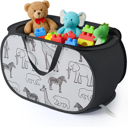 Foldable Toy Storage Basket with Zipper Lid & Handles- Animal Print, Gray