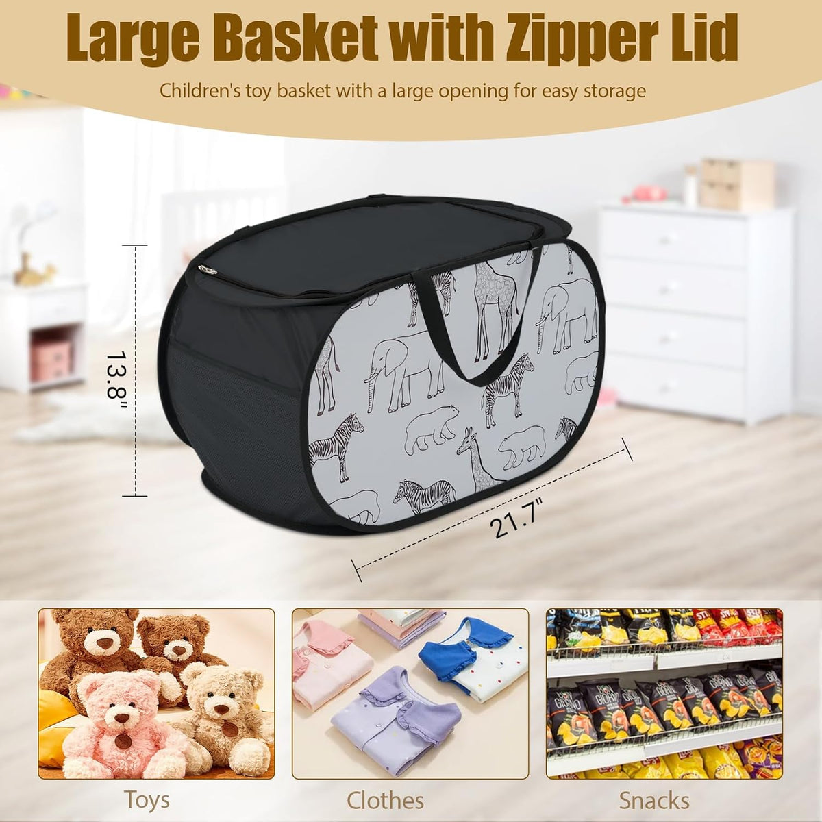 Foldable Toy Storage Basket with Zipper Lid & Handles- Animal Print, Gray