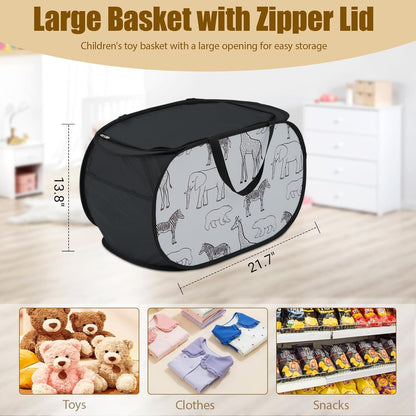 Foldable Toy Storage Basket with Zipper Lid & Handles- Animal Print, Gray
