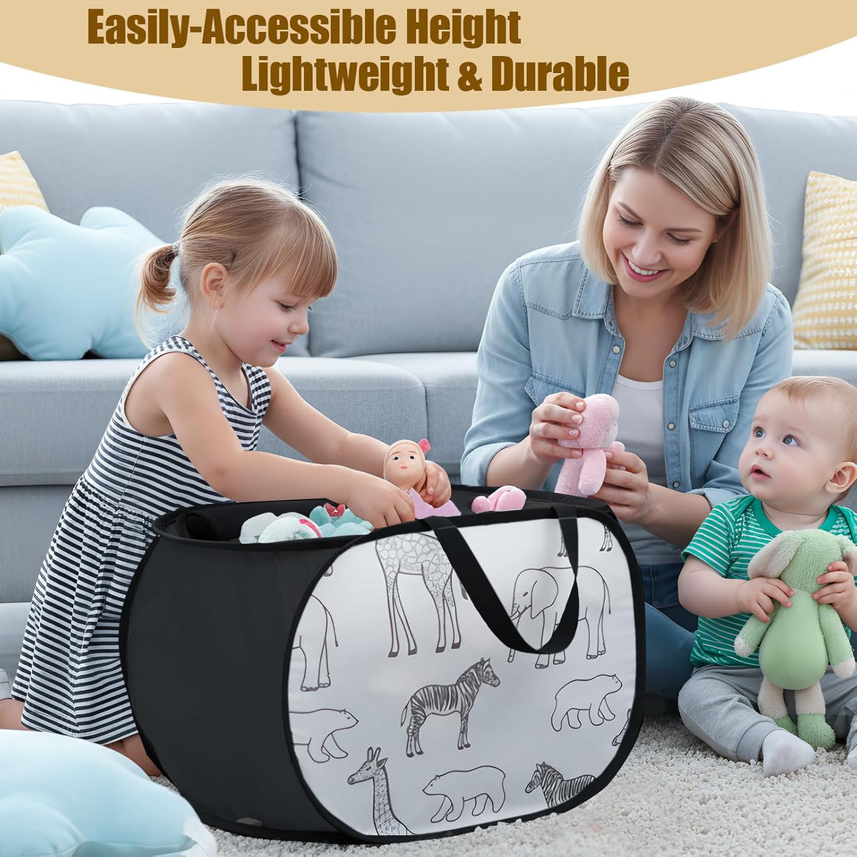 Foldable Toy Storage Basket with Zipper Lid & Handles- Animal Print, Gray