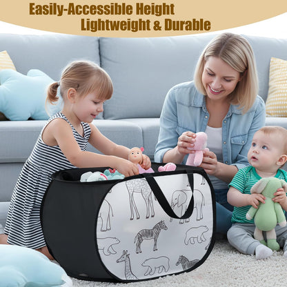 Foldable Toy Storage Basket with Zipper Lid & Handles- Animal Print, Gray