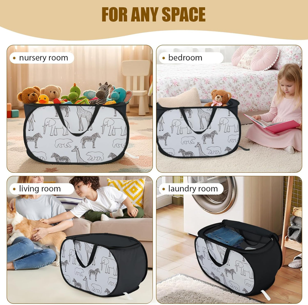 Foldable Toy Storage Basket with Zipper Lid & Handles- Animal Print, Gray
