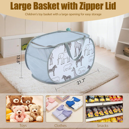 Foldable Toy Storage Basket with Zipper Lid & Handles- Animal Print, Gray