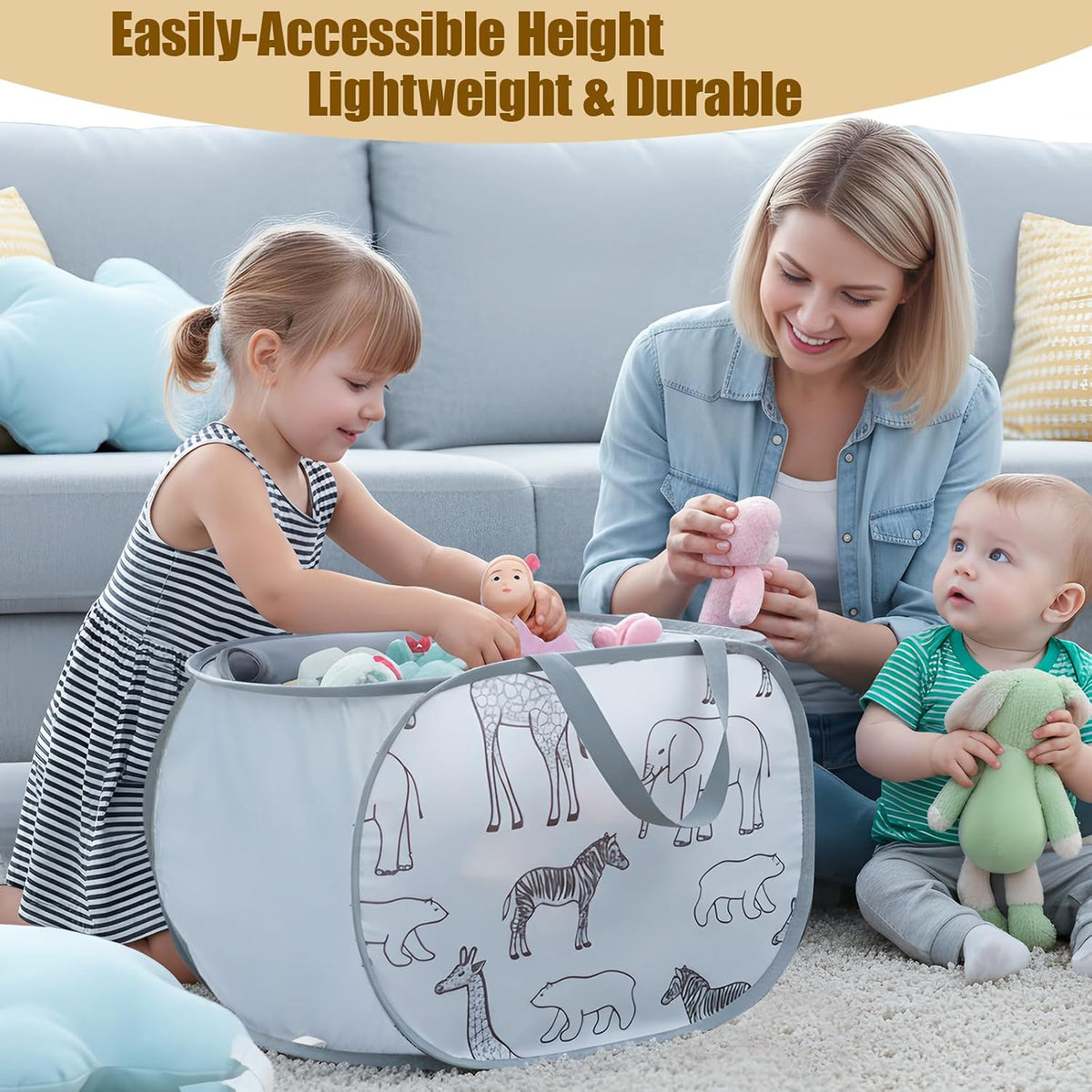 Foldable Toy Storage Basket with Zipper Lid & Handles- Animal Print, Gray