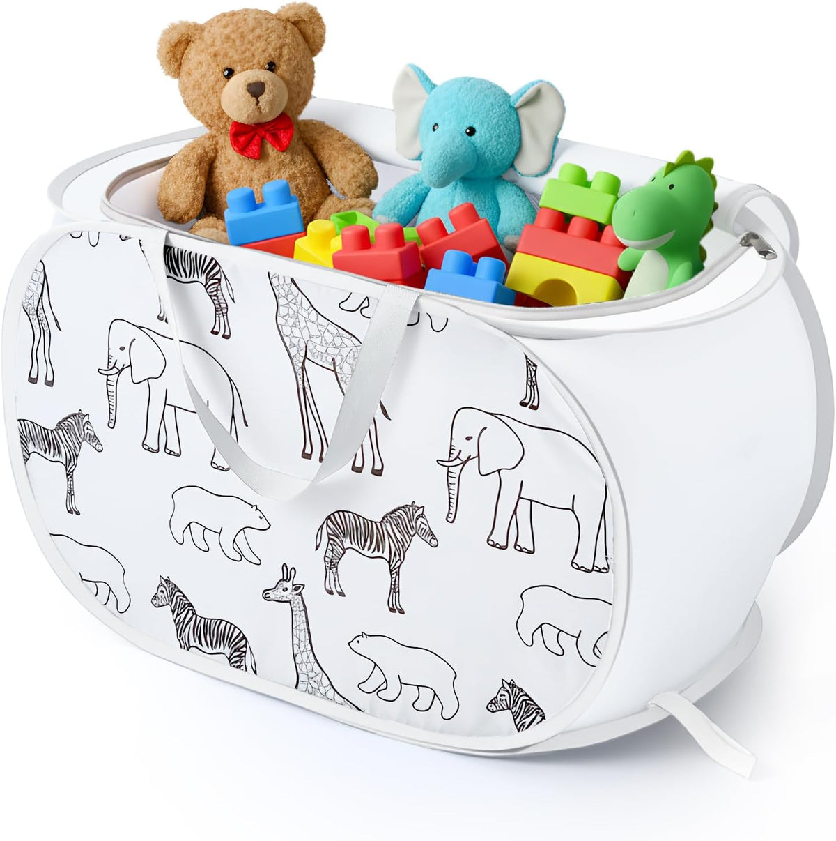 Foldable Toy Storage Basket with Zipper Lid & Handles- Animal Print, Gray