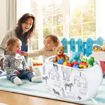 Foldable Toy Storage Basket with Zipper Lid & Handles- Animal Print, Gray