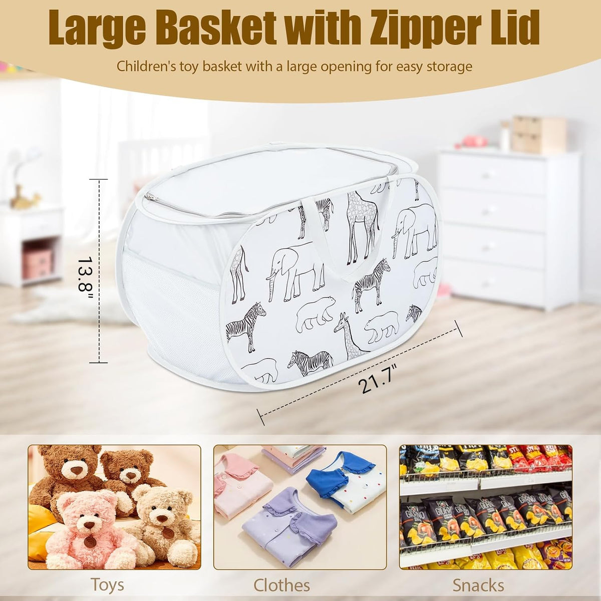 Foldable Toy Storage Basket with Zipper Lid & Handles- Animal Print, Gray