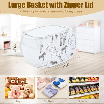 Foldable Toy Storage Basket with Zipper Lid & Handles- Animal Print, Gray