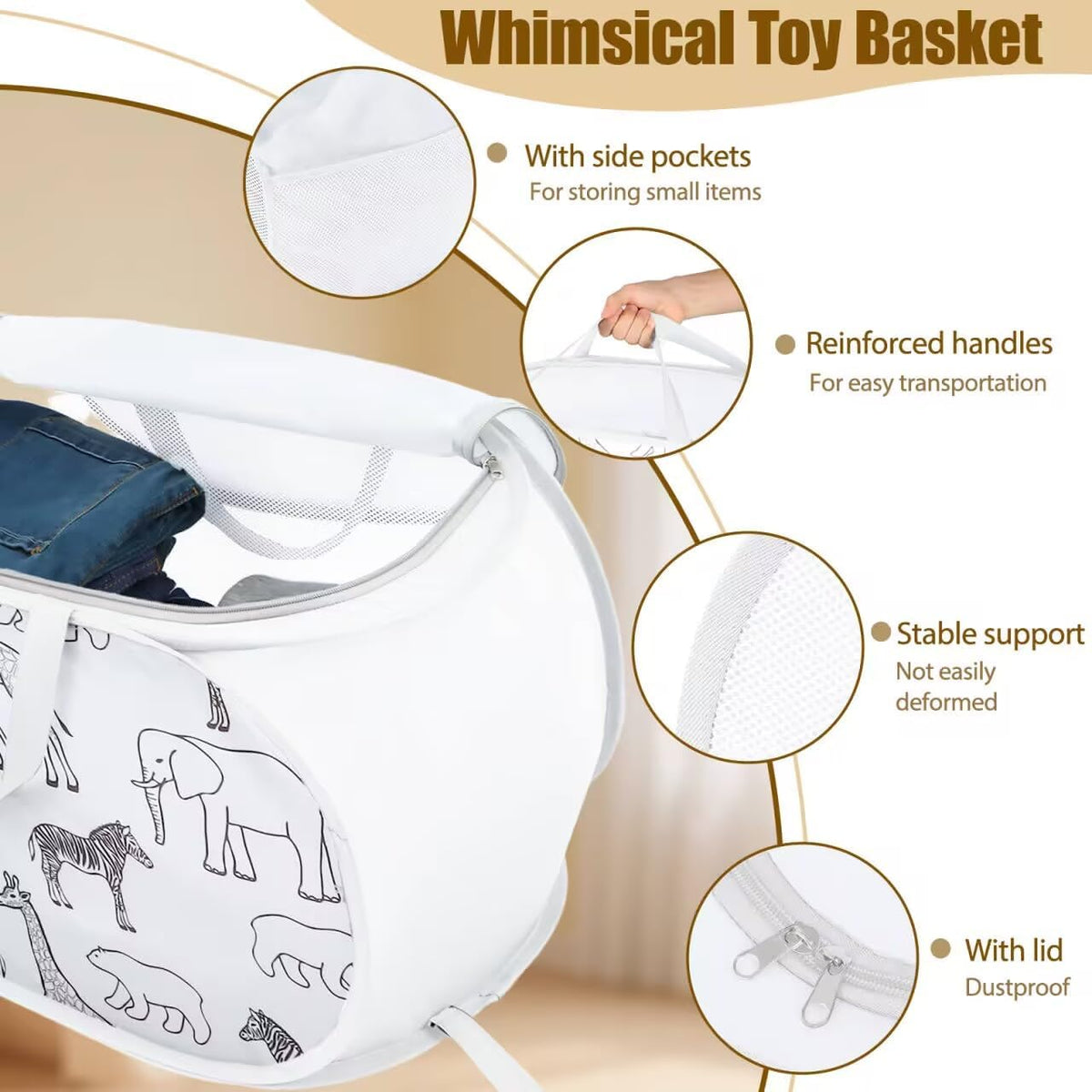 Foldable Toy Storage Basket with Zipper Lid & Handles- Animal Print, Gray