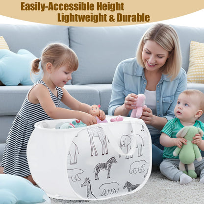 Foldable Toy Storage Basket with Zipper Lid & Handles- Animal Print, Gray
