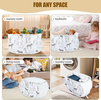 Foldable Toy Storage Basket with Zipper Lid & Handles- Animal Print, Gray