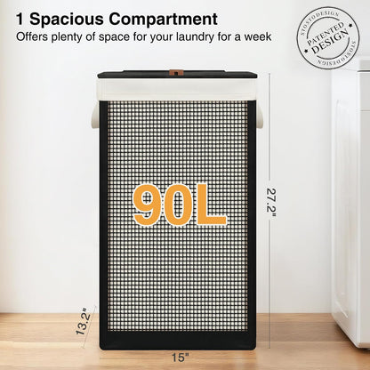 Laundry Hamper with Lid, 90L Sturdy Steel-Frame Clothes Hamper with Removable Washable Liner, Breathable Large Laundry Basket for Bedroom, Bathroom, Laundry Room, Dorm, Closet