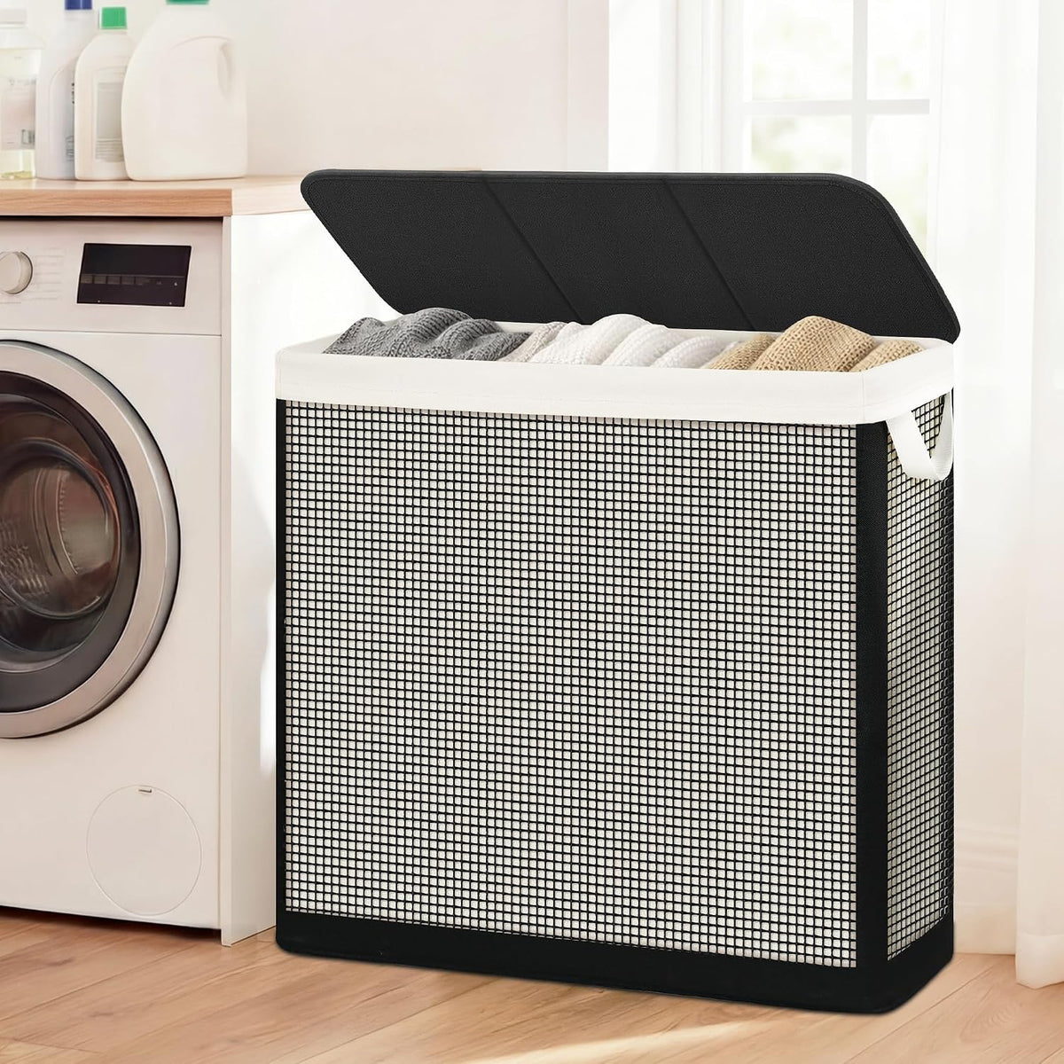 Laundry Hamper with Lid, 90L Sturdy Steel-Frame Clothes Hamper with Removable Washable Liner, Breathable Large Laundry Basket for Bedroom, Bathroom, Laundry Room, Dorm, Closet