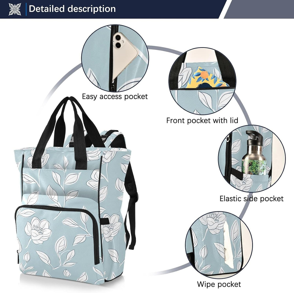 Diaper Bag Backpack, Multifunction Travel Bag for Moms Dads, Baby Changing Bag with Insulted Pockets, Stroller Straps and Side Bottle Pockets Art Line Floral Pattern