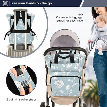 Diaper Bag Backpack, Multifunction Travel Bag for Moms Dads, Baby Changing Bag with Insulted Pockets, Stroller Straps and Side Bottle Pockets Art Line Floral Pattern