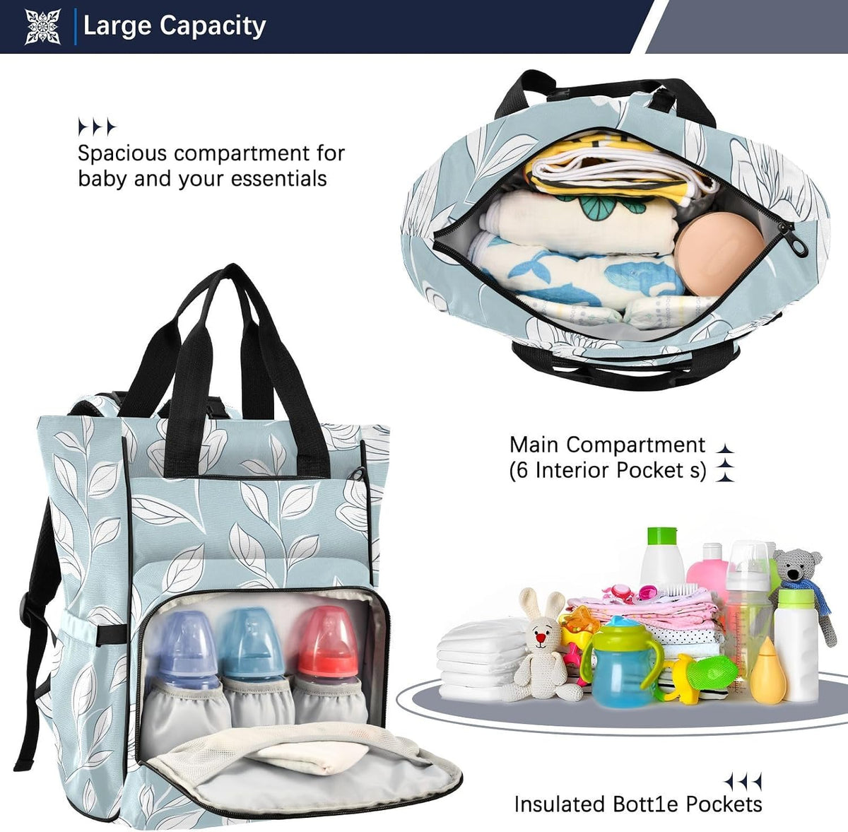 Diaper Bag Backpack, Multifunction Travel Bag for Moms Dads, Baby Changing Bag with Insulted Pockets, Stroller Straps and Side Bottle Pockets Art Line Floral Pattern