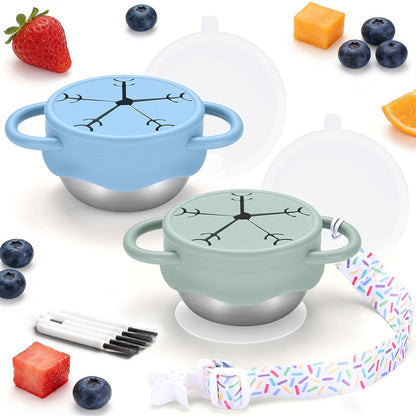 2 Pack Stainless Steel Snack Containers for Toddlers with Spill-Proof Silicone Lids and Handles, Food Grade Snack Cups for Toddlers Kid（Green and Blue）