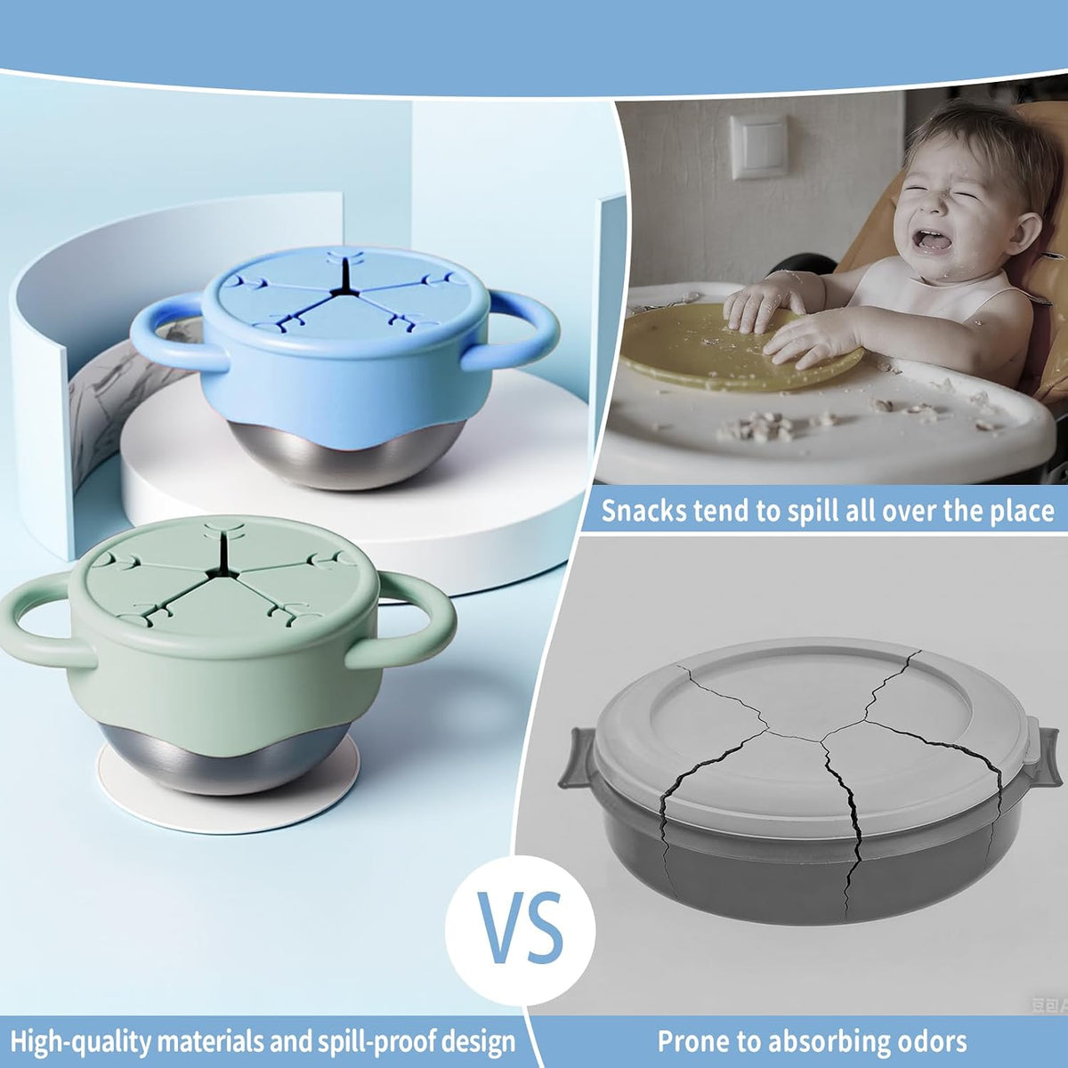 2 Pack Stainless Steel Snack Containers for Toddlers with Spill-Proof Silicone Lids and Handles, Food Grade Snack Cups for Toddlers Kid（Green and Blue）