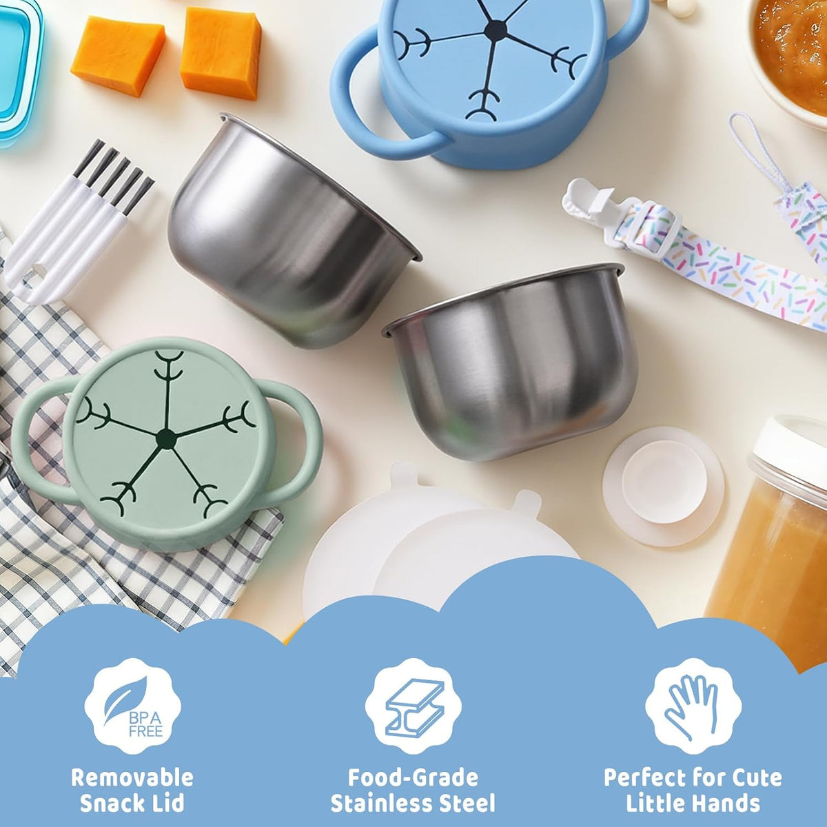 2 Pack Stainless Steel Snack Containers for Toddlers with Spill-Proof Silicone Lids and Handles, Food Grade Snack Cups for Toddlers Kid（Green and Blue）